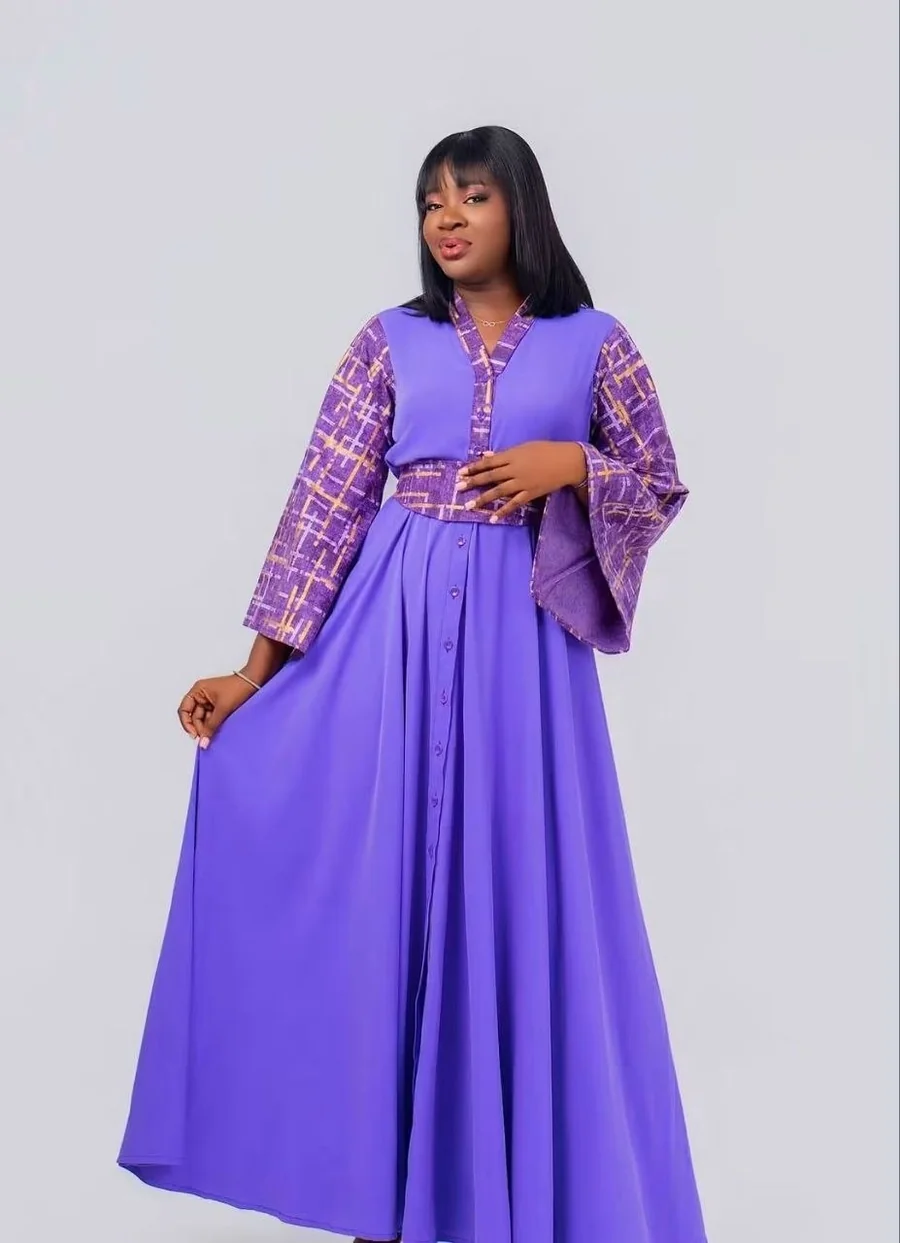 Robe violette à manches cloche à carreaux