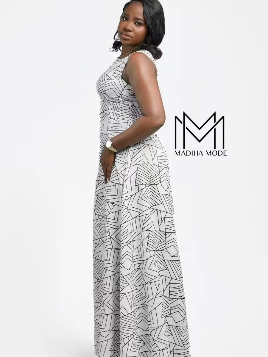 Robe-chemise longue au motif graphique noir et blanc