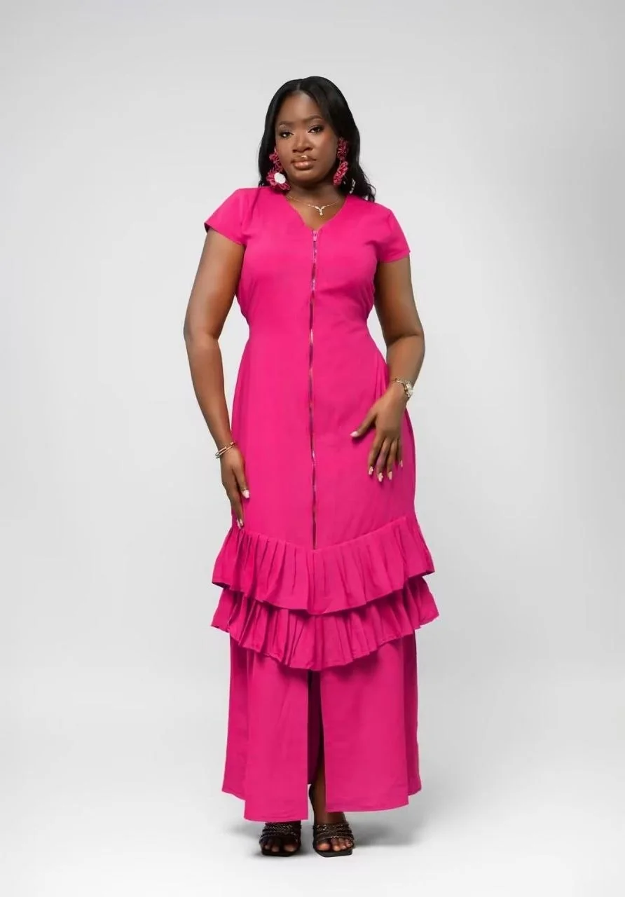 Robe fuchsia à volants, zippée devant